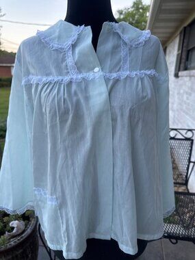 Vintage Vandemere Bed Jacket Light Blue Lace Trim Button Front Cottagecore